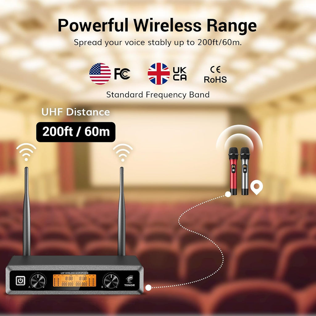 TONOR Wireless Microphones System, 2 * 15 Channel Dynamic Mics Silver*2