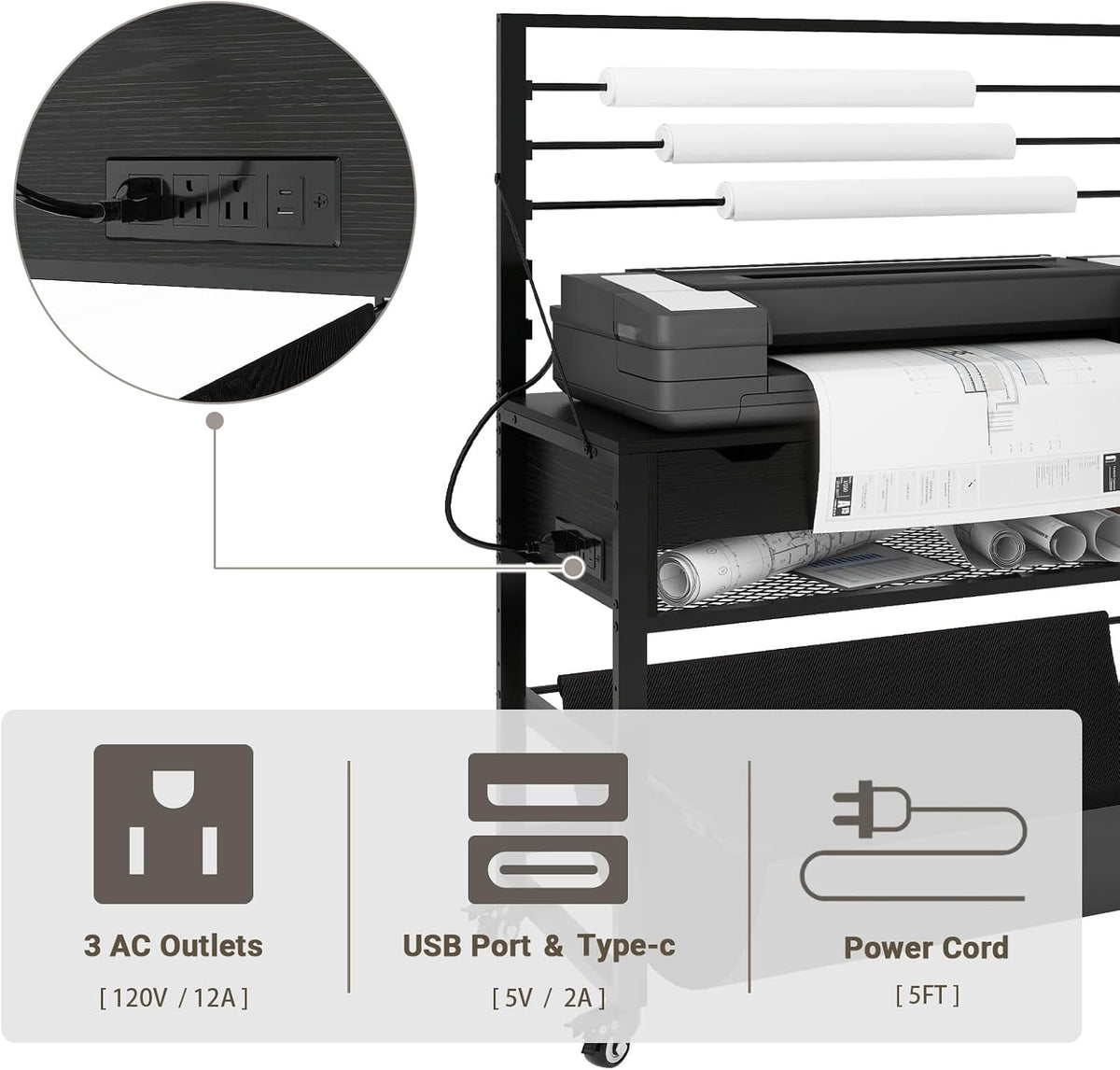 Natwind Wide Format Printer Stand, Plotter Workbench Table,Black