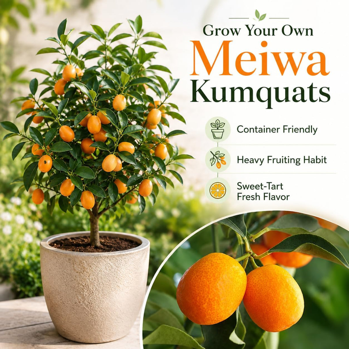 Meiwa Kumquat Tree Live Plants 1 Ft Tall Tall | Fresh Sweet Kumquats | Fragrant Citrus Blooms | Versatile Live Fruit Trees for Outdoor or Patio Planting (No Ship to CA, HI, AK)