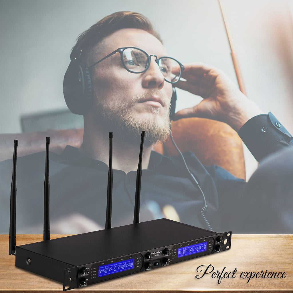 MicrocKing 4 Channel UHF Wireless Microphone System, 4 Handheld Wireless Microphones with Receiver, 400ft Long Range, Professional Dynamic Mic Set for Church, Conference, Wedding, Karaoke and Speech
