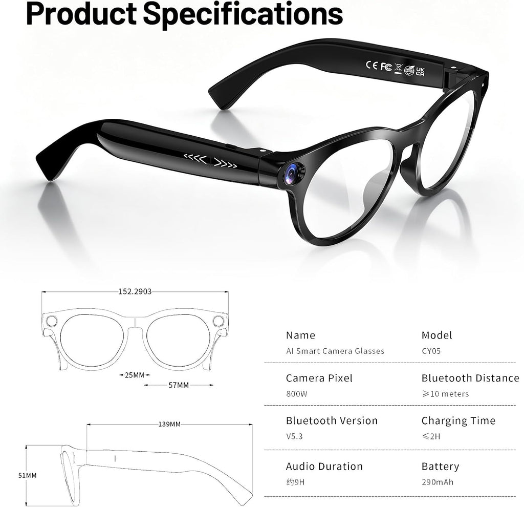 Smart Glasses with Camera,8MP 1080P Video Camera for Men Women