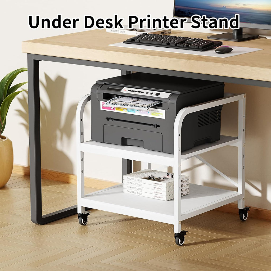 20 Inches Large White Printer Stand, 2-Tier Under Desk Printer Table with Height Adjustable Shelf, Rolling Printer Cart with Industrial Wheels for Home Office (White)