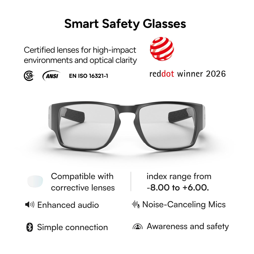 Lucyd Armor Smart Safety Glasses, TR90 Frame, Light Adaptive Lenses, Open Ear Speakers & Microphone - ANSI Z87.1