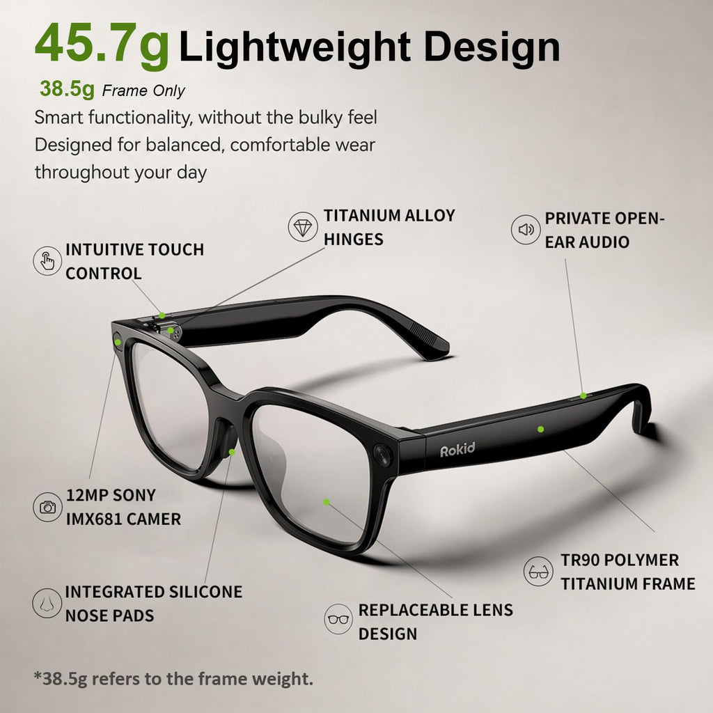Rokid AI Glasses Style Pack,Smart Audio Glasses with Camera & Power Capsule