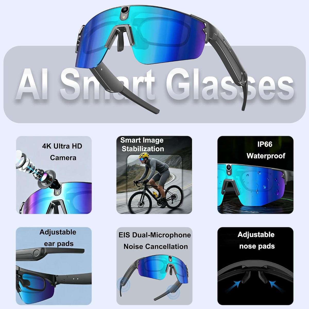 AI Smart Glasses with Camera,4K Video Recording Glasses, AI Voice Assistant,Real-Time Translation,Object Recognition,Bluetooth Sports Sunglasses,IP66 Waterproof for Cycling,Running & Hiking (Blue)