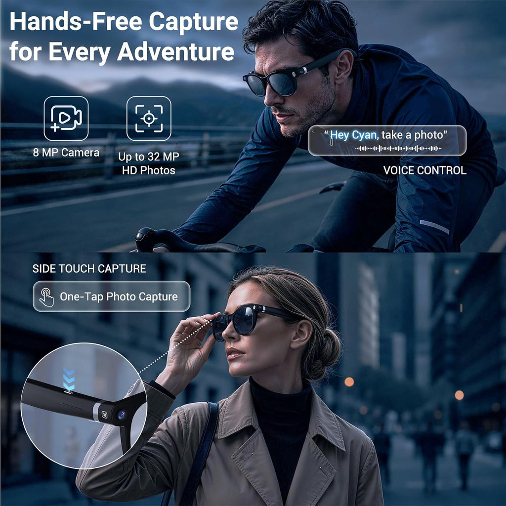 AI Smart Glasses with Camera, Bluetooth Glasses with HD Photo & Video Recording, EIS Anti-Shake, AI Translation & Object Recognition, Open-Ear Audio, Photochromic Lenses for Travel & Vlog