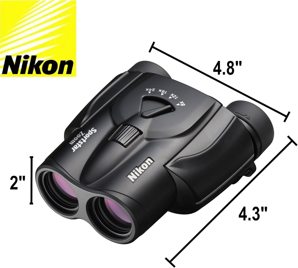 Nikon Sportstar Zoom 8-24x25 (16736) Small Black Variable Zoom Binoculars with Nikon Lens Pen and Cleaning Cloth - Compact Binoculars for Adults, for Sports Watching, Wildlife, and Hiking