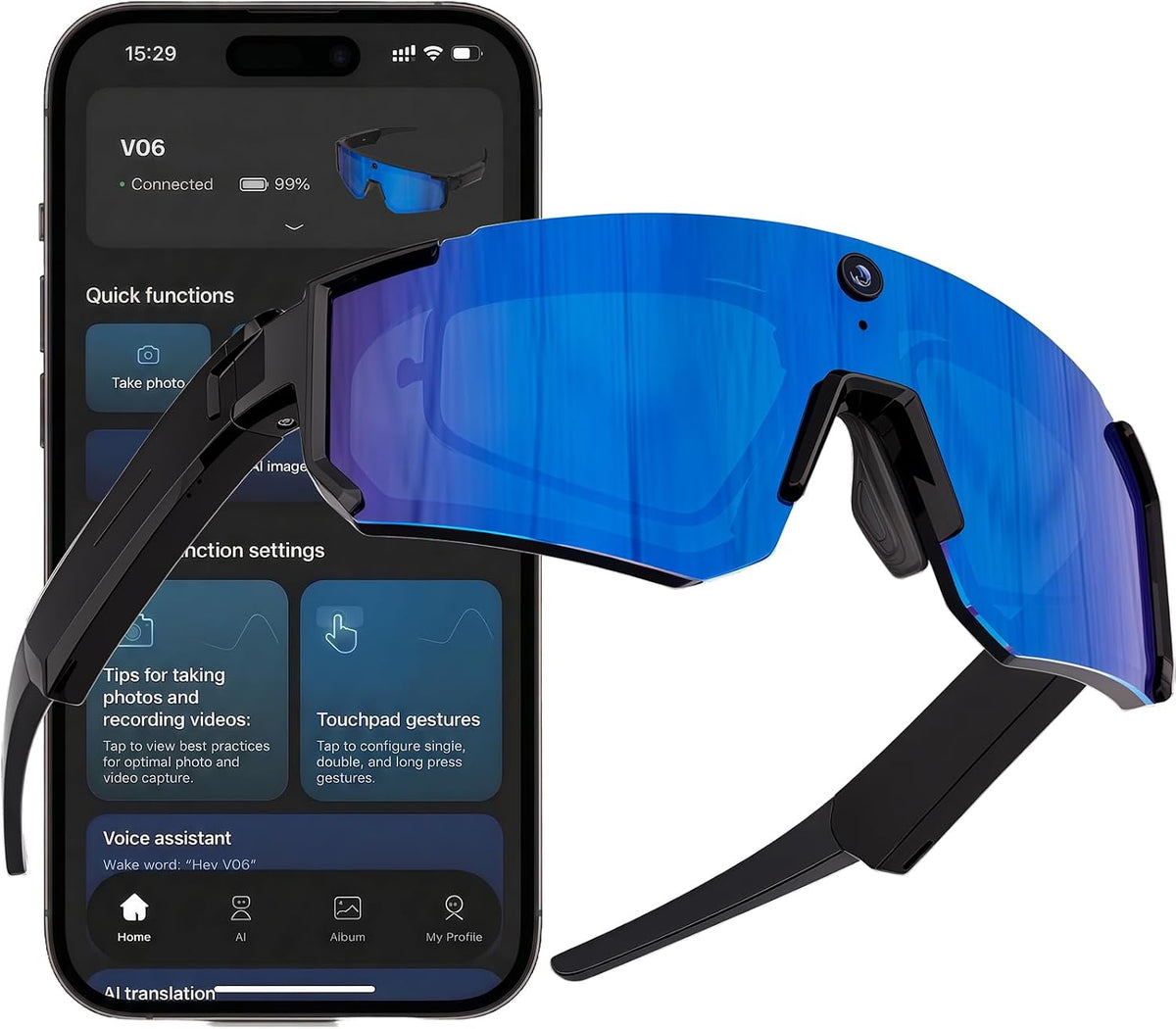 Sport AI Smart Sunglasses with 4K POV Camera (Black/Ice Blue)