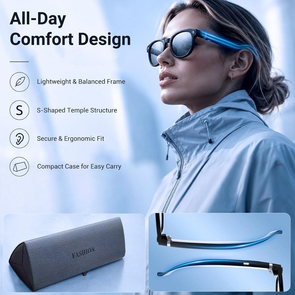 AI Smart Glasses with Camera, Bluetooth Glasses with HD Photo & Video Recording, EIS Anti-Shake, AI Translation & Object Recognition, Open-Ear Audio, Photochromic Lenses for Travel & Vlog