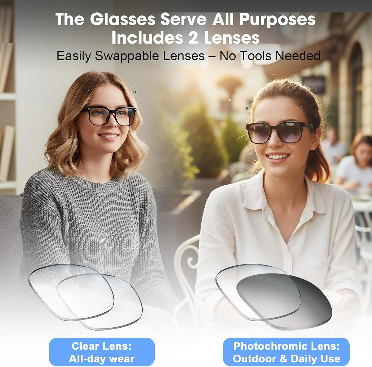 AI Smart Glasses with Camera, 8MP HD Video Recording Glasses, 1200P 30FPS EIS, Voice Assistant, Real-Time Translation, Open-Ear Bluetooth Audio, Clear & Photochromic Lenses, lente con camara