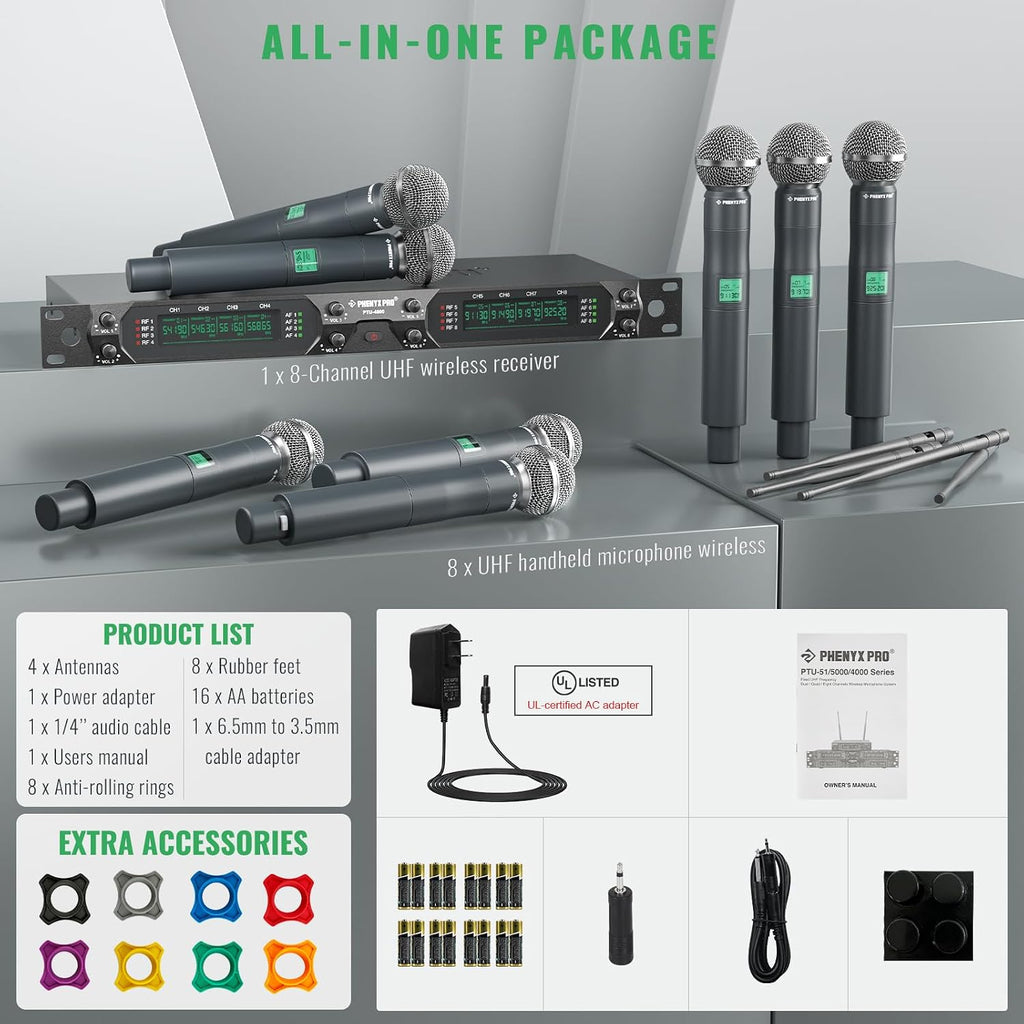 Phenyx Pro 8-Ch UHF Fixed Frequency Wireless Microphone System PTU-4000-8H