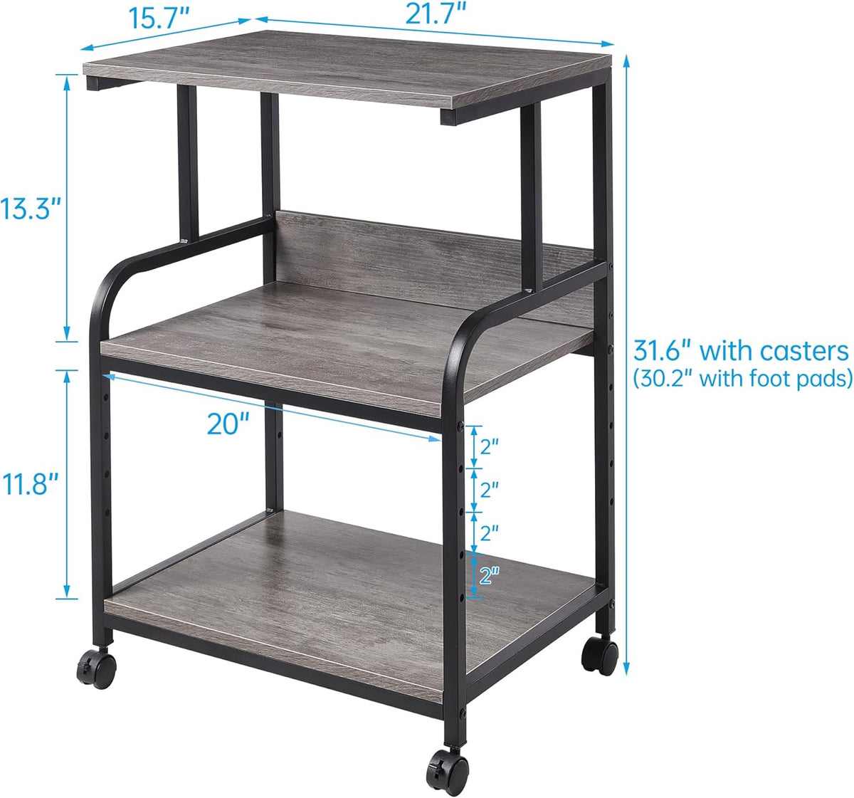 Fannova 3 Tier Gray Printer Stand with Height Adjustable Storage Shelf