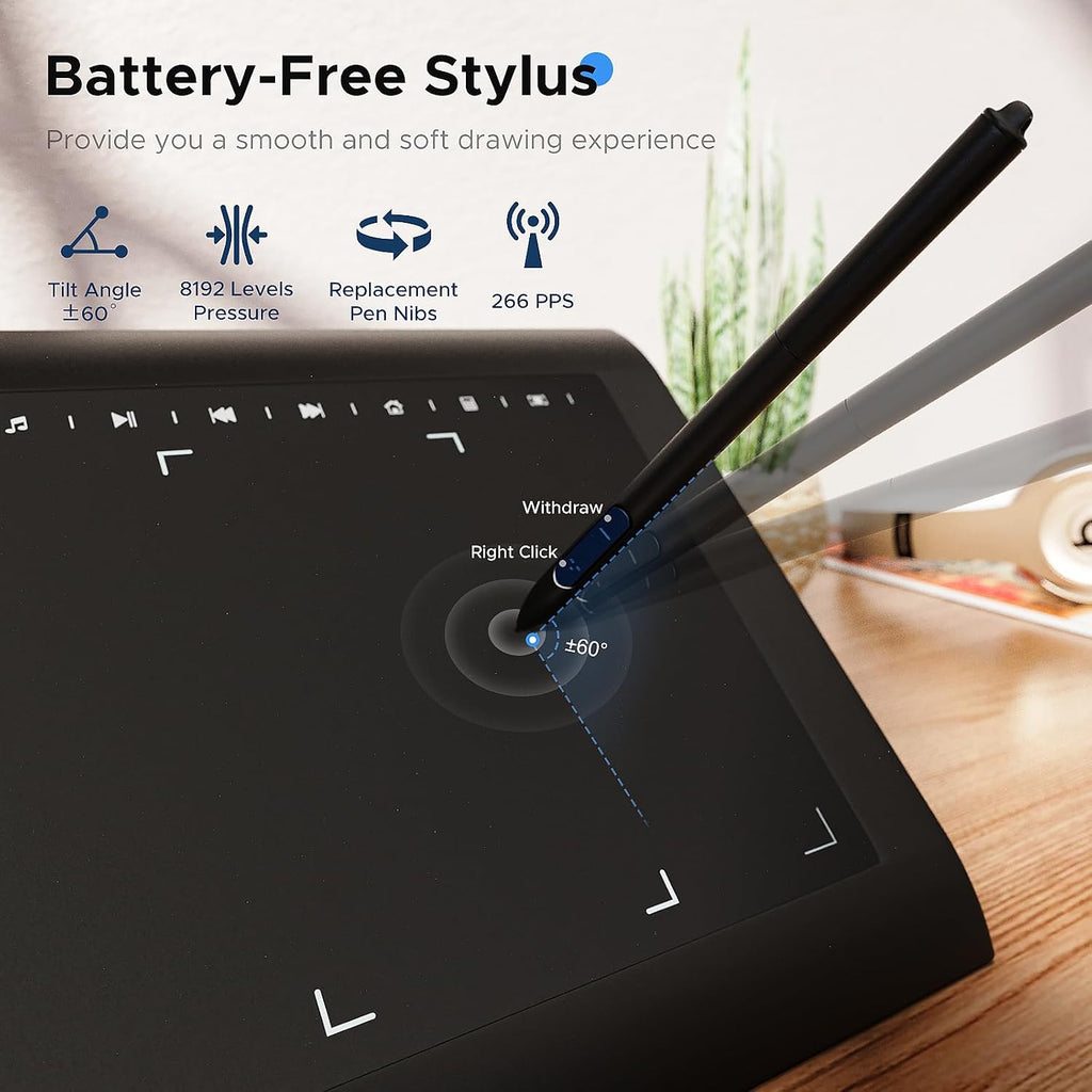 Graphics Drawing Tablet with Stand,10x6 Inch Drawing Tablet with 8192 Level Pen,12 Hot Keys,Digital Drawing Pad Compatible with PC/Mac/Android for Painting,Design&Online Teach