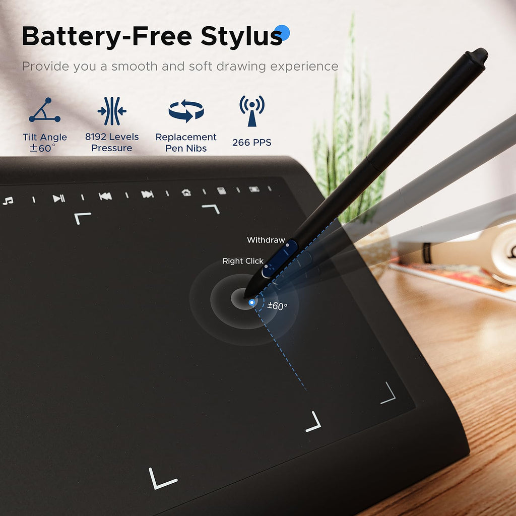 Graphics Drawing Tablet with Stand,10x6 Inch Drawing Tablet with 8192 Level Pen,12 Hot Keys,Digital Drawing Pad Compatible with PC/Mac/Android for Painting,Design&Online Teach