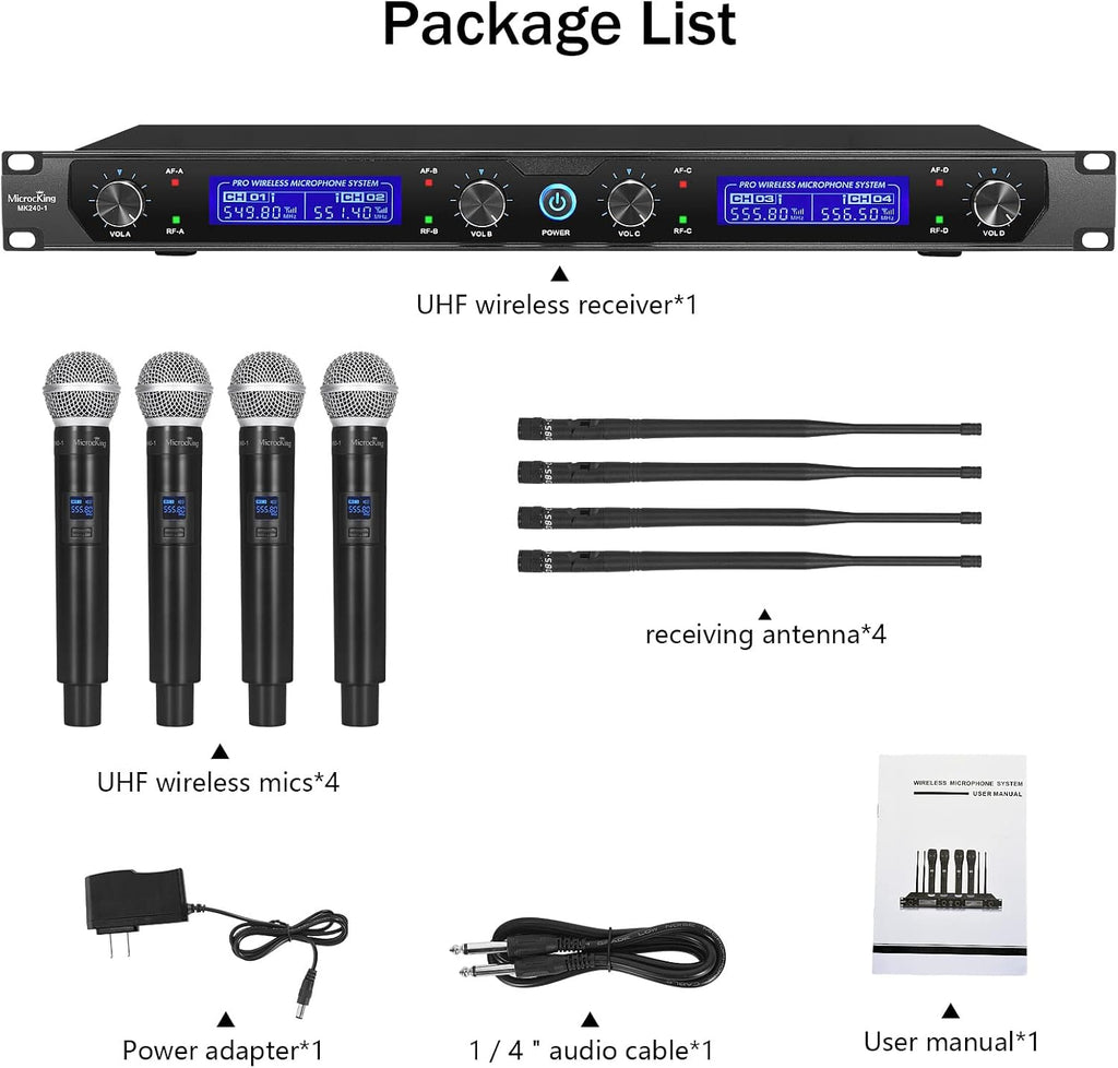 MicrocKing 4 Channel UHF Wireless Microphone System, 4 Handheld Wireless Microphones with Receiver, 400ft Long Range, Professional Dynamic Mic Set for Church, Conference, Wedding, Karaoke and Speech