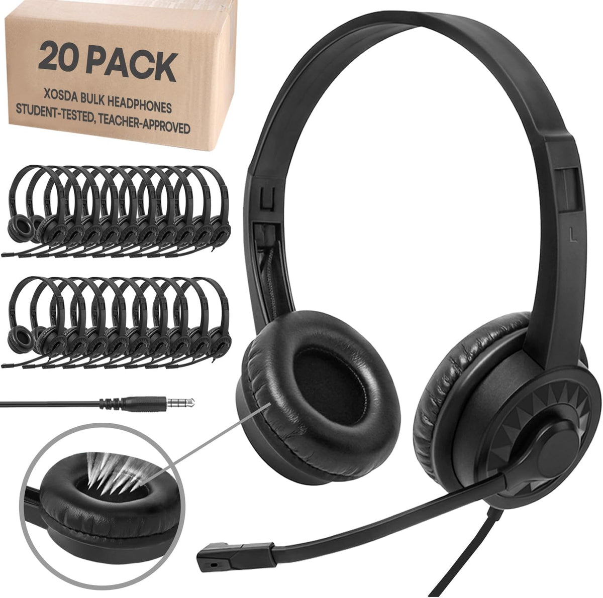 20 Pack Bulk Headset with Microphone for Classroom, Noise Canceling Computer Headphones with Microphone for Office, Durable 3.5mm Wired Headset with Mic for Meetings Laptop PC