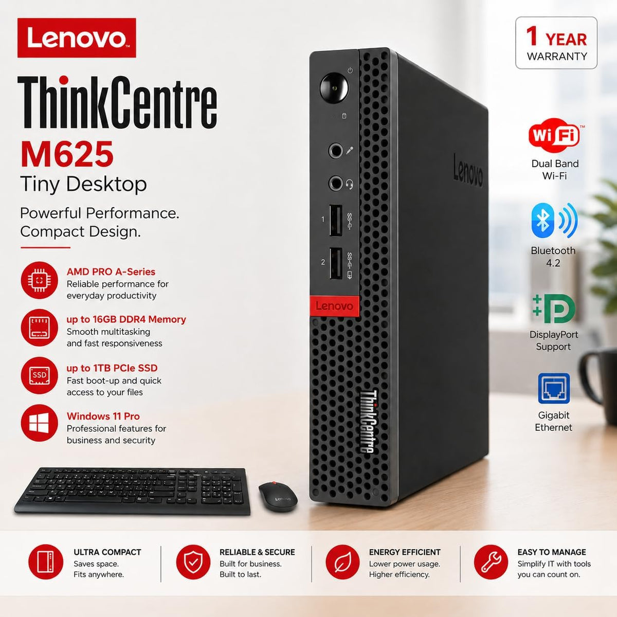 Customized Lenovo Mini Desktop Computer, AMD Processor & Graphics, 16GB DDR4 RAM, 256GB/512GB/1TB SSD, Windows 11 Pro, Wi-Fi, Bluetooth, 2X DisplayPort, Keyboard & Mouse, for Daily Work