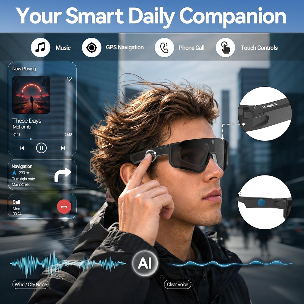 AI Smart Glasses with Camera, ChatGPT & AI Object Recognition, 1200P Video with 6-Axis EIS, Polarized UV400 Sunglasses, Real-Time Translation, IP64 Waterproof for Cycling, Hiking & Vlogging