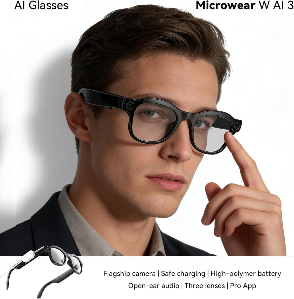 Smart AI Glasses with Camera, 1080P HD Video & 8MP Photo Capture, Real-Time Translation, Recording Glasses, Wireless Charging, Voice Assistant, Open-Ear Audio, Object Recognition, Bluetooth, 3 Lens