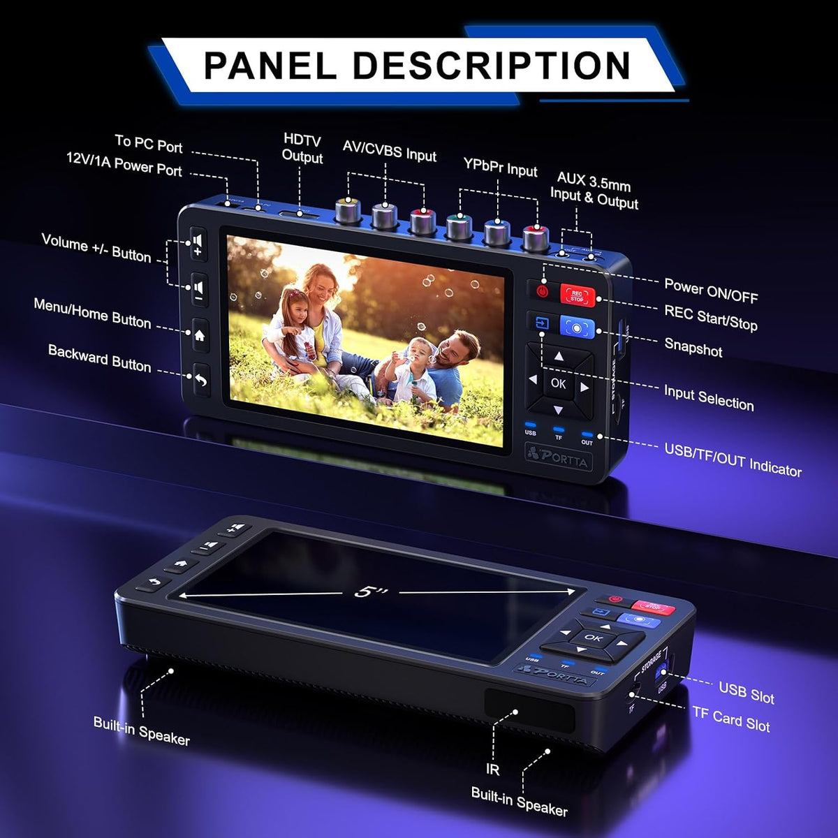 Portta VD22P VHS to Digital Converter with 5" HD Screen, Video Capture Recorder Convert to MP4 Compatible with VHS, VCR, DVR, DVD, Hi8, Mini DV, Gaming Consoles (VCR/VHS/DVD Player/Camcorder Required)