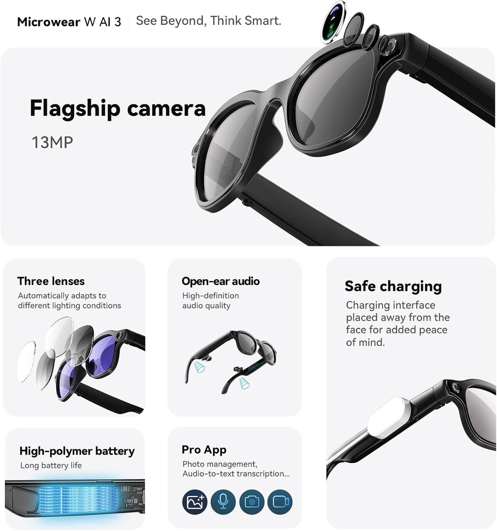 Smart AI Glasses with Camera, 1080P HD Video & 8MP Photo Capture, Real-Time Translation, Recording Glasses, Wireless Charging, Voice Assistant, Open-Ear Audio, Object Recognition, Bluetooth, 3 Lens