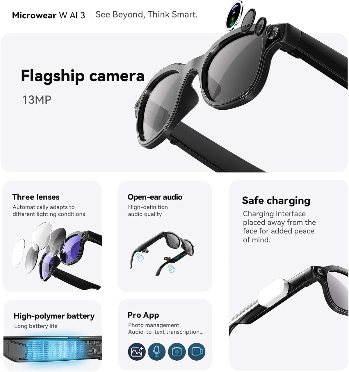 Smart AI Glasses with Camera, 1080P HD Video & 8MP Photo Capture, Real-Time Translation, Recording Glasses, Wireless Charging, Voice Assistant, Open-Ear Audio, Object Recognition, Bluetooth, 3 Lens