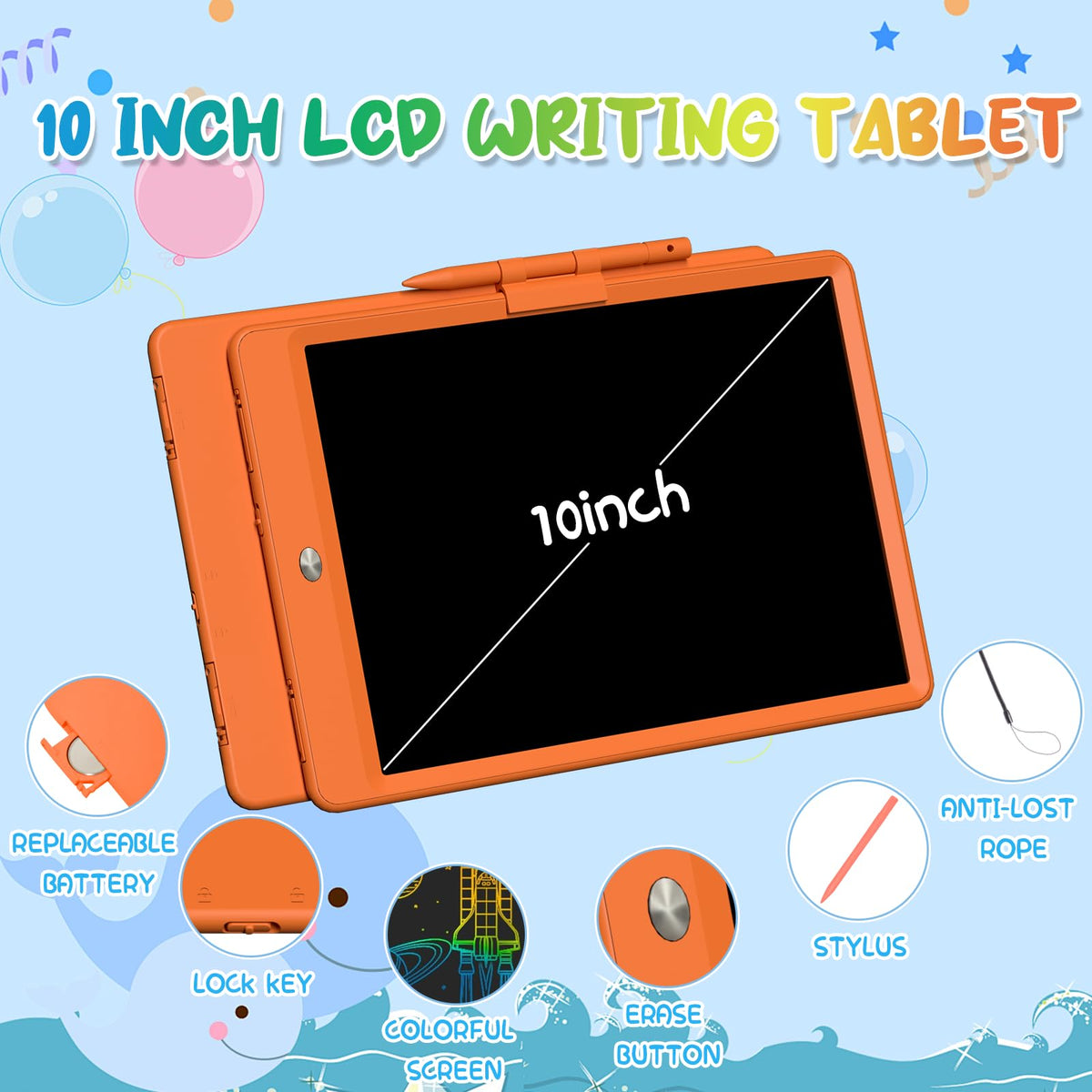 LCD Writing Tablet for Kids 10 Inch Reusable Drawing Tablets for Kids Colorful Writing Board Electronic Drawing Board Educational and Learning Toys for 2-4 Year Old Boys