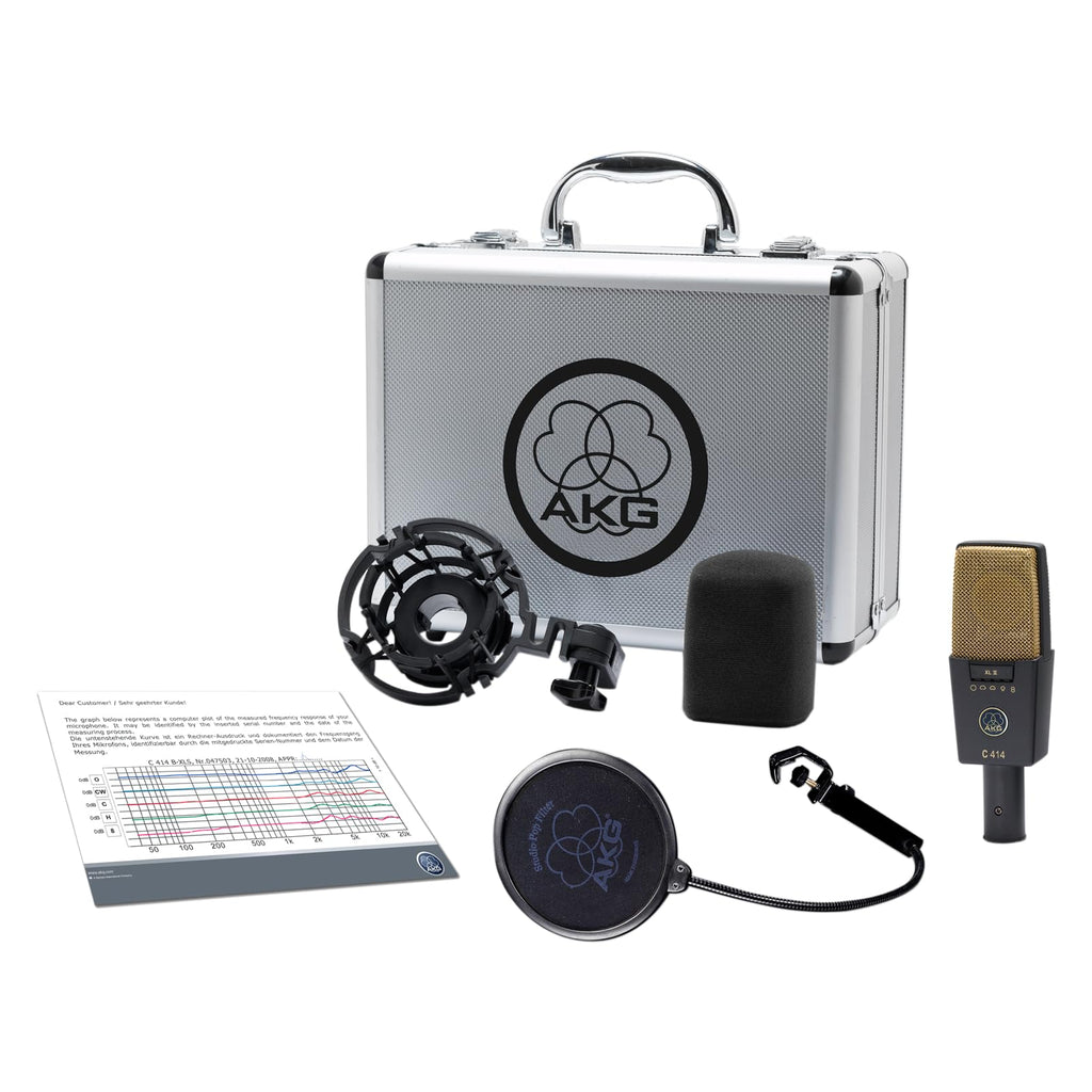 AKG Pro Audio C414XLS Pair Studio Grade Professional Large Diaphragm, Dual Capsule, Multi-Pattern, Vocal & Instrument Condenser Microphone with Aluminum Carrying Case. XLR Connector. Gray with Gold.