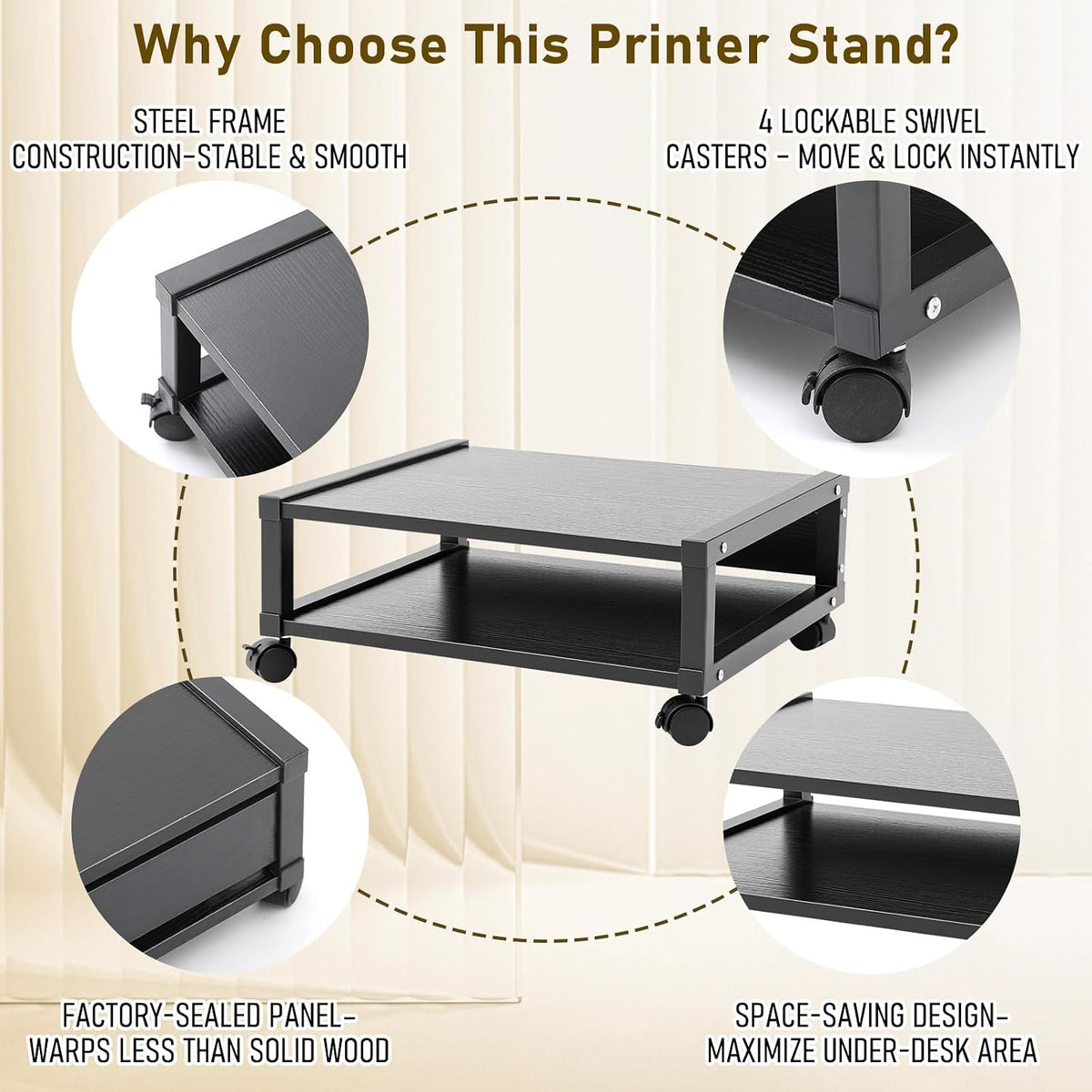 Zonon 2 Tier Printer Stand Under Desk with Wheels, Open Shelf, Black