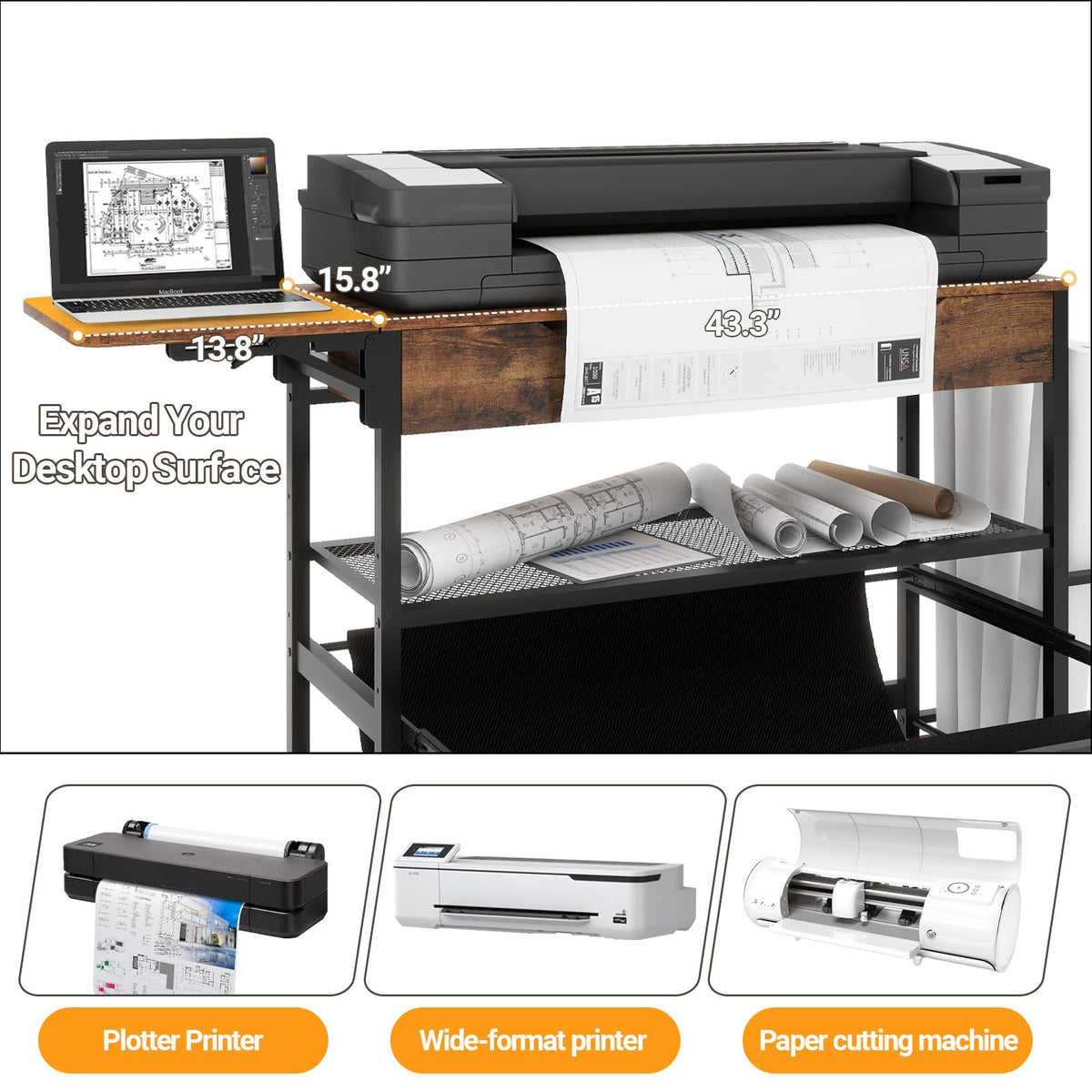 Natwind Wide Format Printer Stand,Plotter Table with Laptop Station,White