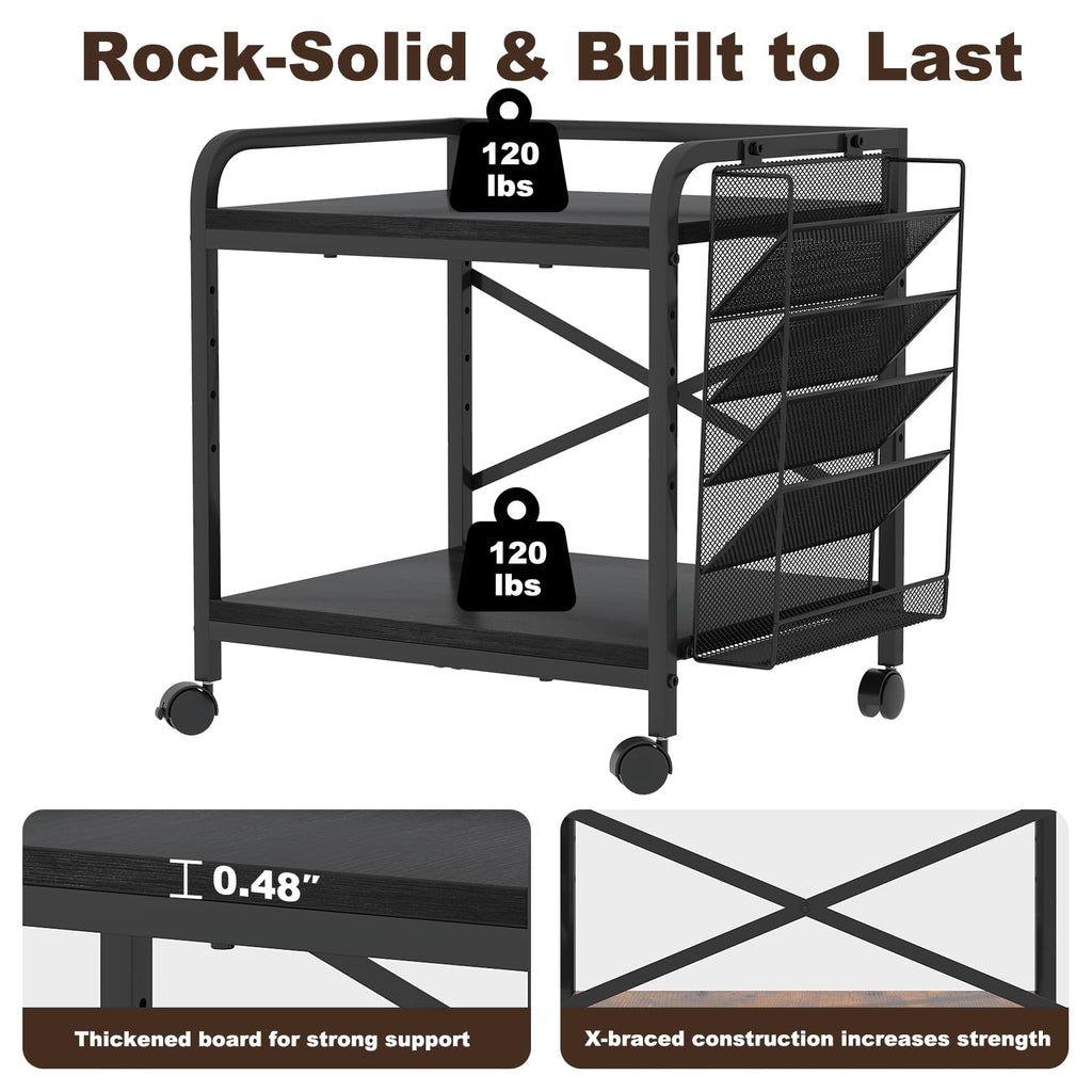 EasyCom 24"x20" Printer Stand with Storage, File Holder & Wheels, Brown