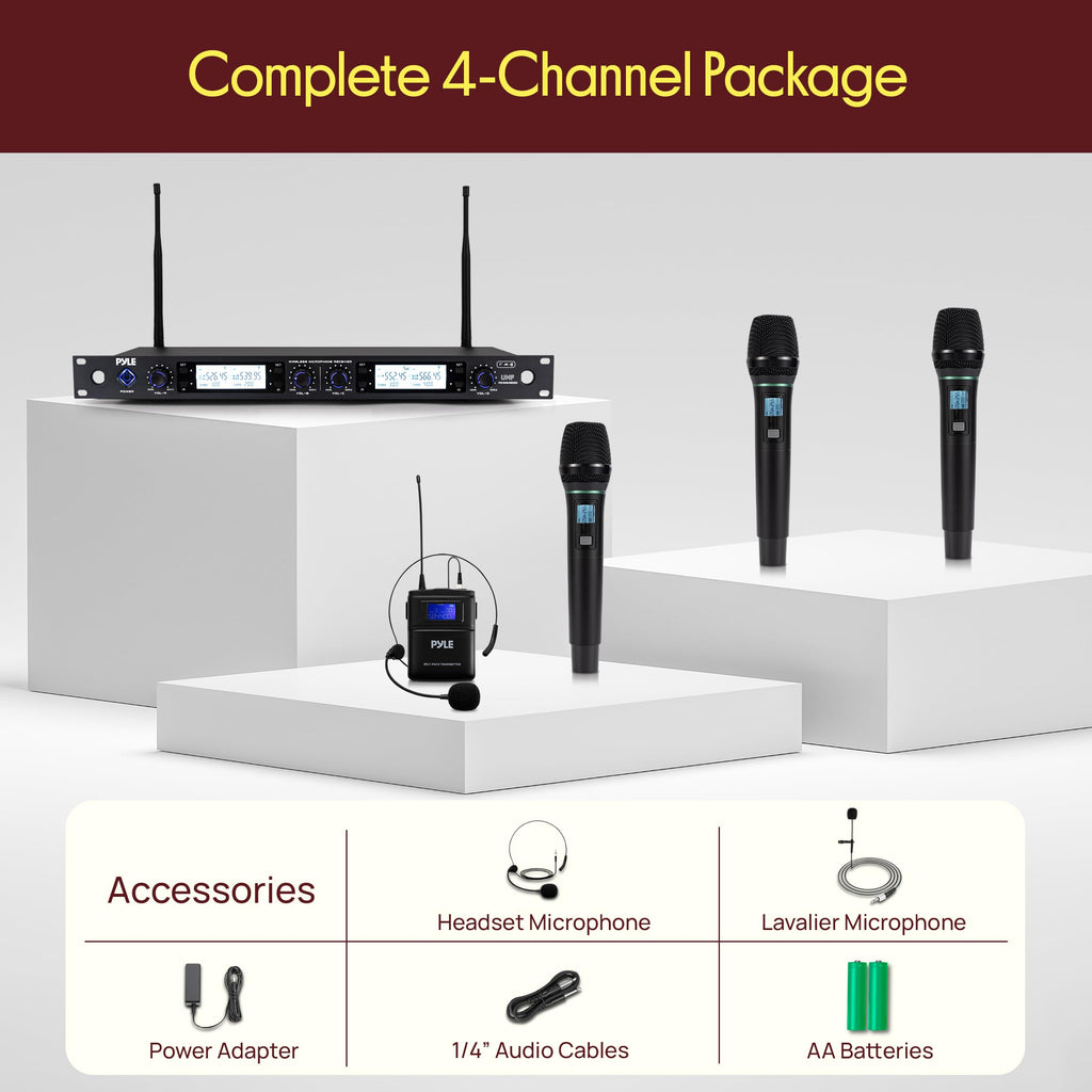 Pyle 4 Channel UHF Wireless Microphone System with 2 Handheld Mics, 2 Lavalier 2 Headsets & Beltpack Transmitters, 300ft Range, Rack Mount Receiver for Church, Meetings, DJ & PA Systems