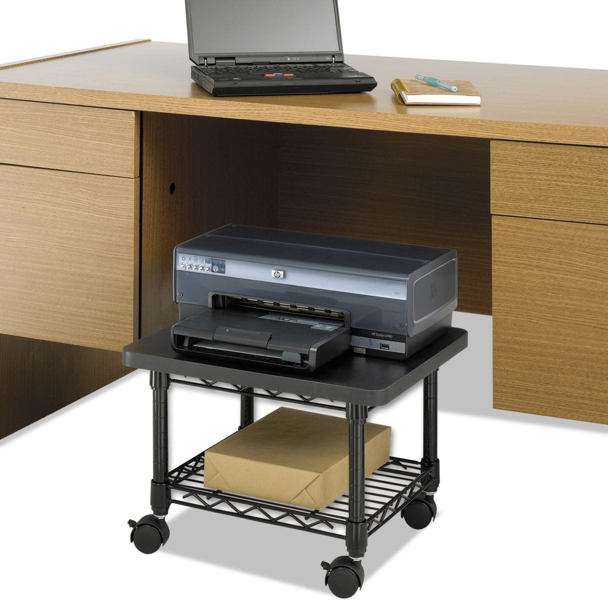 Safco Onyx Rolling Cart Printer Stand, Under-Desk Mobile Utility Table for Home Office with Steel Shelf, Black