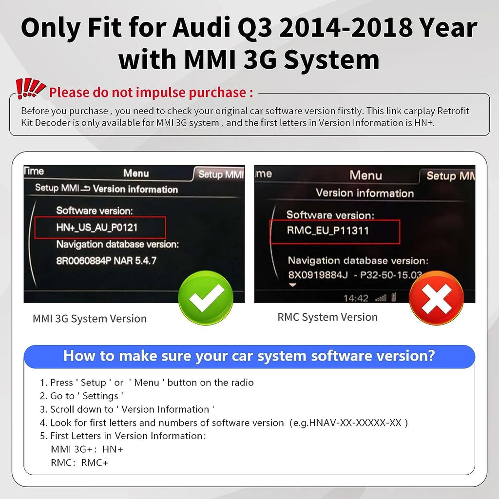 Road Top Wireless Carplay Android Auto Module Audi Q3 2014-2018 Year with MMI 3G, (HN+ Car Software Version), Carplay Retrofit Kit Decoder, Support Mirrorlink, Camera