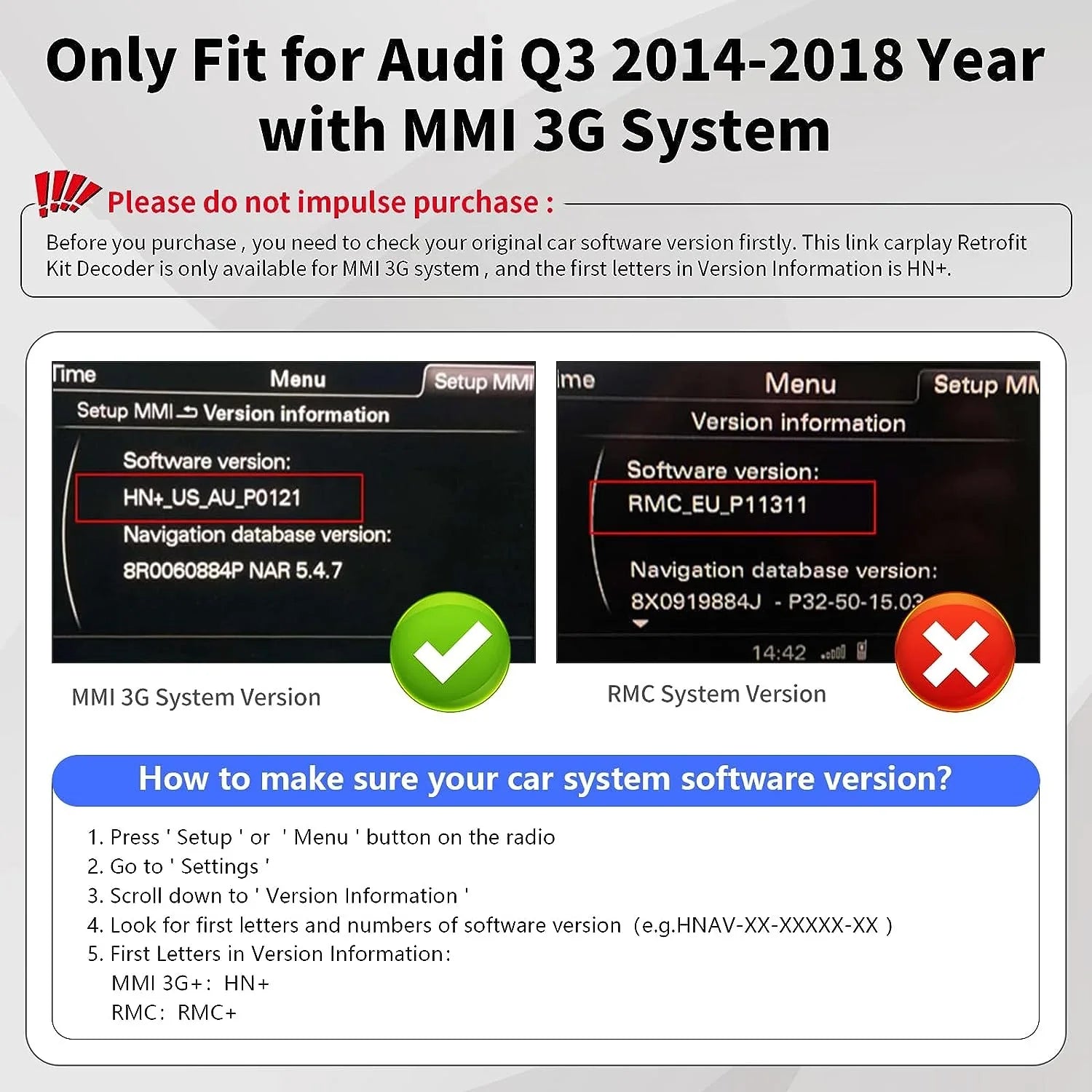 Road Top Wireless Carplay Android Auto Module Audi Q3 2014-2018 Year with MMI 3G, (HN+ Car Software Version), Carplay Retrofit Kit Decoder, Support Mirrorlink, Camera