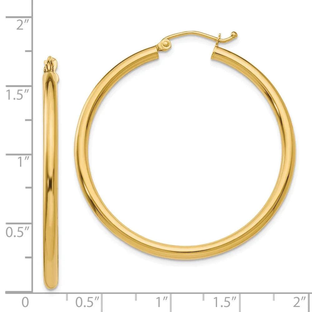 Real 14kt Yellow Gold Polished 2.5mm Lightweight Tube Hoop Earrings; Adults and Teens; Women and Men