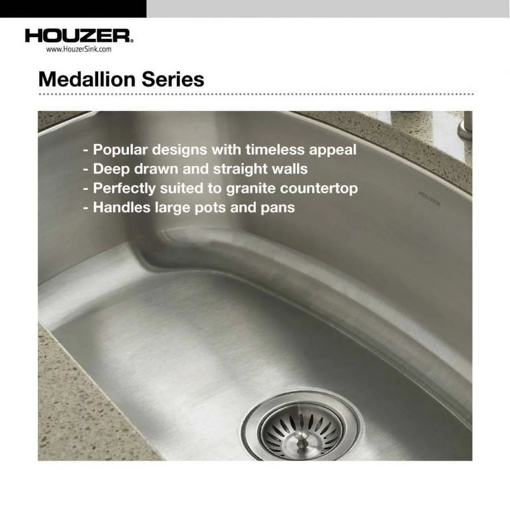 Houzer MEC-3220SR-1 31-1/2" x 17-15/16" x 20-3/16" 31-1/2" x 20-3/16" Stainless Steel Undermount 60/40 Double Bowl Kitchen Sink, Small Bowl Right