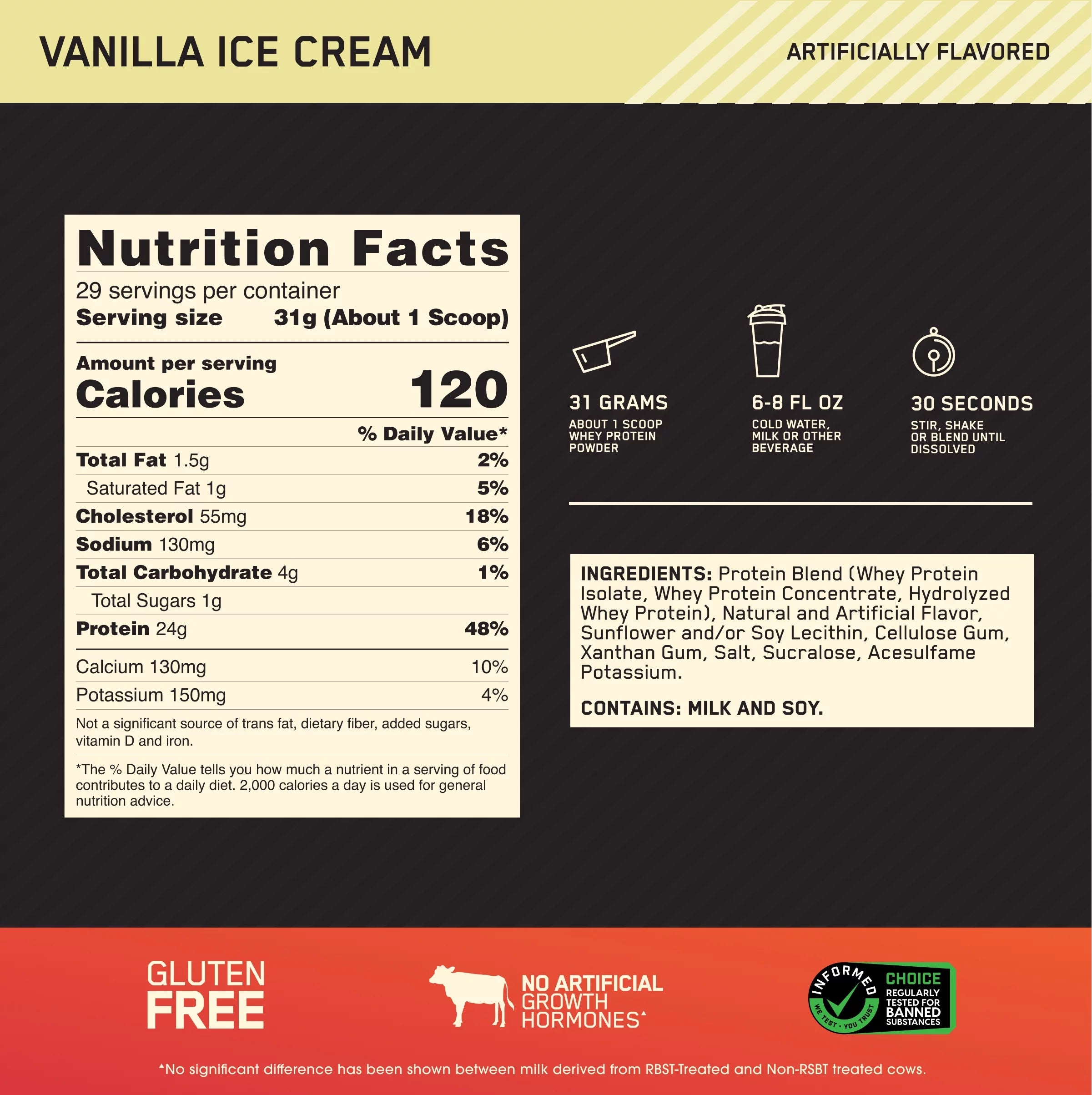 Optimum Nutrition, Gold Standard 100% Whey Protein Powder, Vanilla Ice Cream, 2 lb, 29 Servings