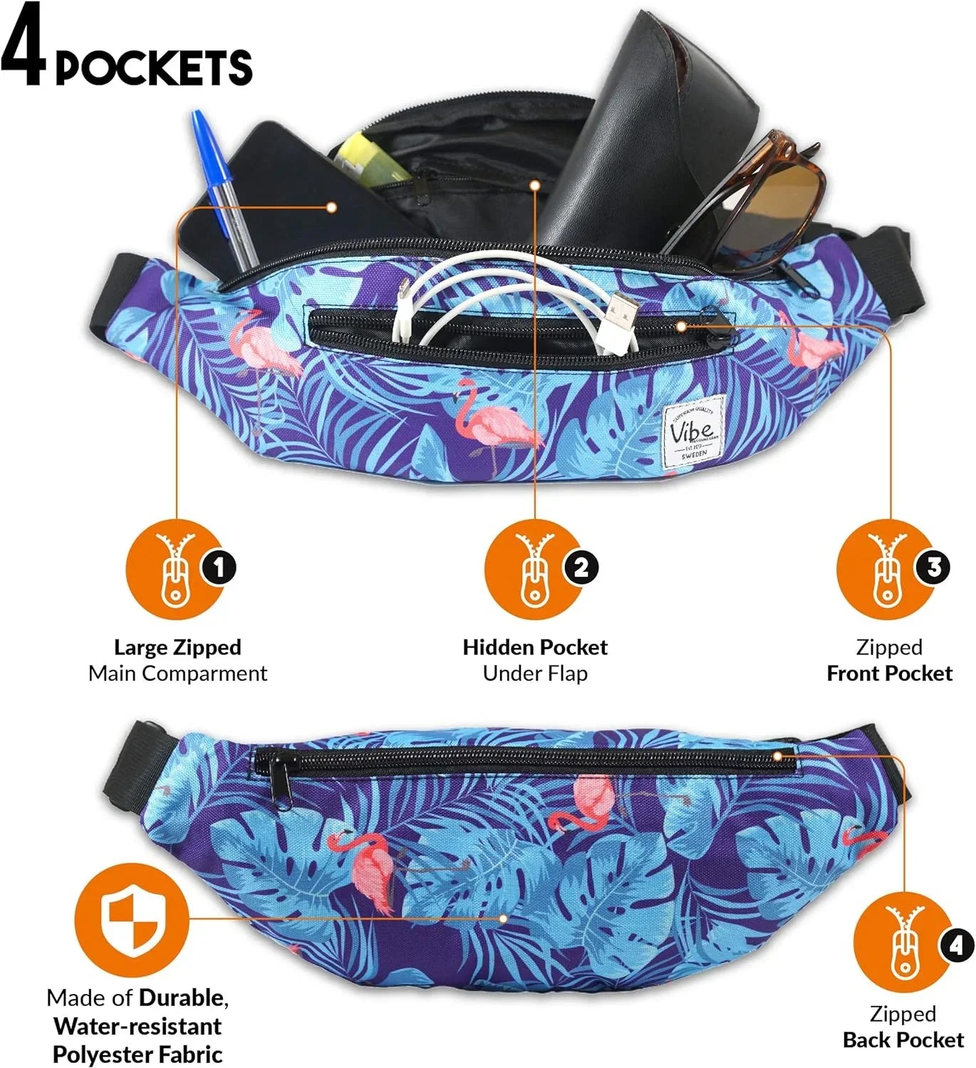 Vibe Festival Gear Fanny Pack Men Women - Many Prints - Black Holographic Silver Gold Cute Waist Bag Festival Rave Hiking Running Cycling