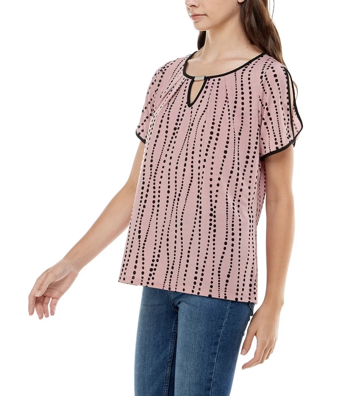 Adrienne Vittadini Women's Keyhole and Contrast Binding Split Sleeve Top Size XL