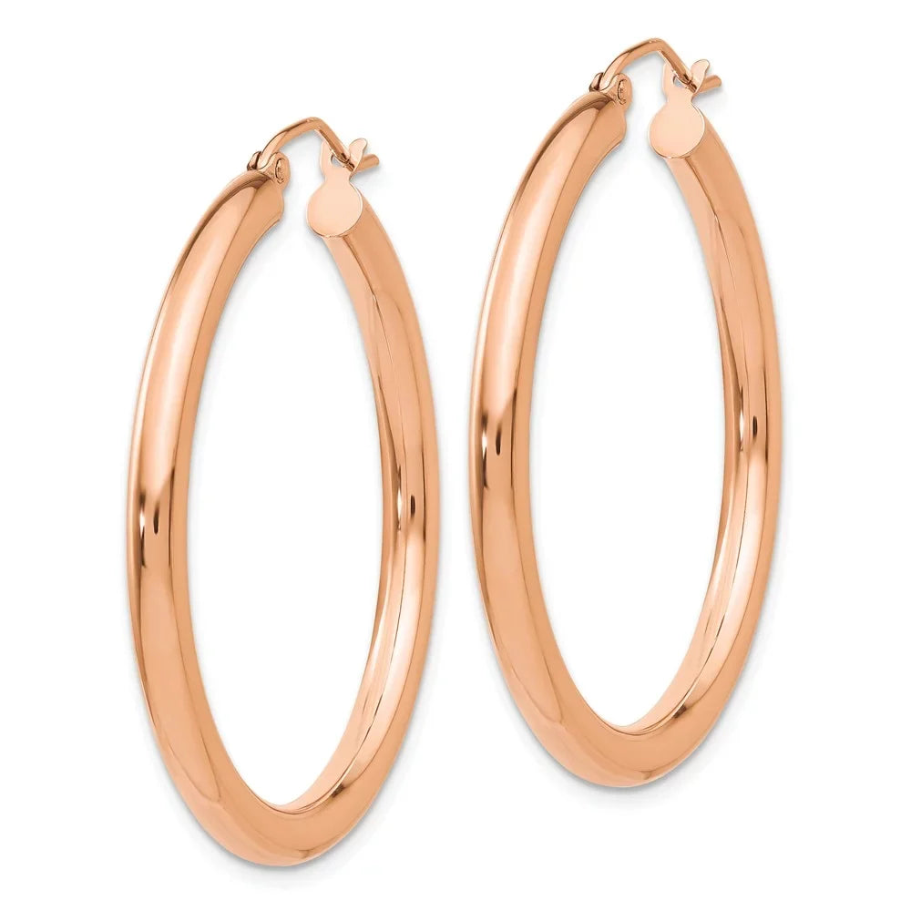 Real 14kt Rose Gold Polished 3mm Lightweight Tube Hoop Earrings; Adults and Teens; Women and Men