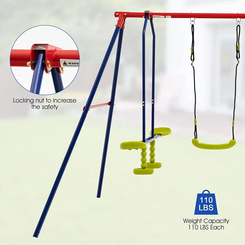 OLAKIDS Swing Sets Backyard, 7 in 1 Outdoor A-Frame Heavy Duty Metal Swing Stand with Monkey Bar Kids, 660LBS Playground Playset with Slide, 2 Swings, Glider, Trapeze Rings, Basketball Hoop