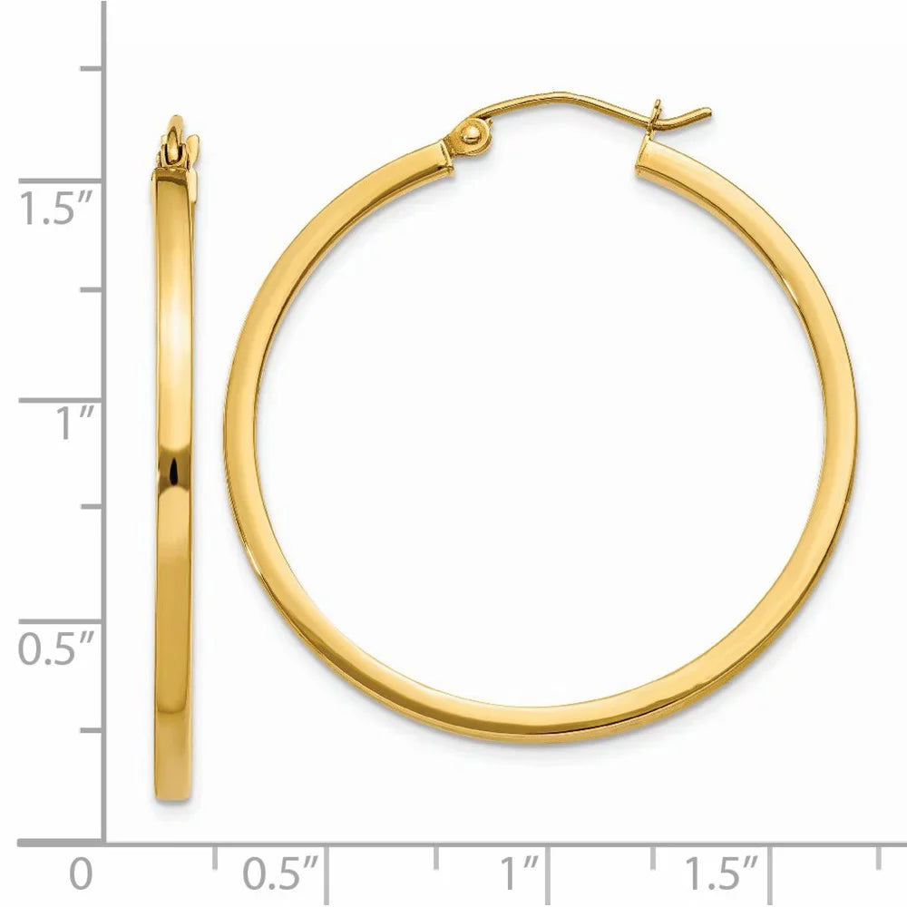 Real 14kt Yellow Gold 2mm Princess Square Tube Hoop Earrings; Adults and Teens; Women and Men