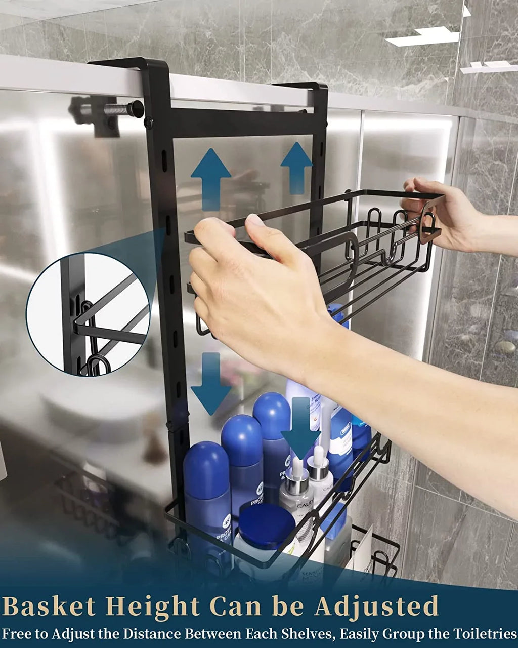 Consumest 4 Tier Over The Door Shower Caddy Shelf with Soap Holder, Adjustable Hanging Shower Organizer with 4 Hooks & 2 Suction Cups, Rustproof Stainless Steel Hanging Shower Caddy Bathroom