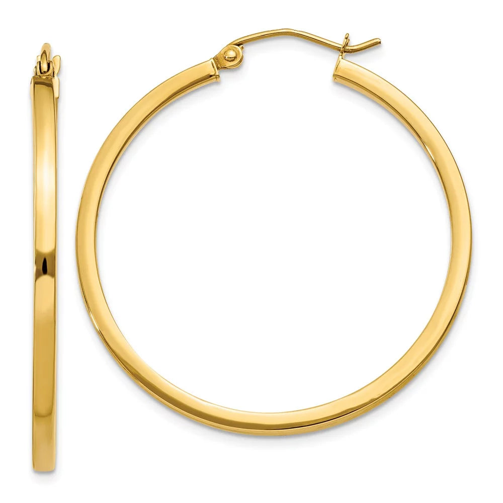 Real 14kt Yellow Gold 2mm Princess Square Tube Hoop Earrings; Adults and Teens; Women and Men
