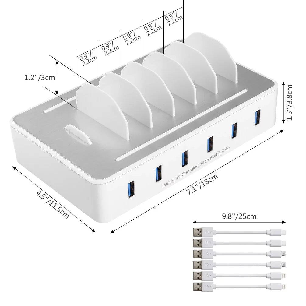 USB Charging Station Multiple Devices - Fast Charging Organizer with 6 USB Ports Dock Cell Phone Apple, Samsung, Android Phone, iPhone