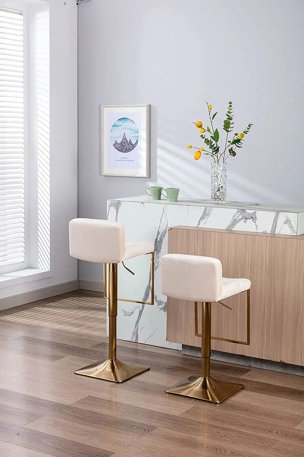 TJUNBOLIFE Velvet Stools Modern Swivel Counter Height Barstools Height Adjustable Kitchen Stools Island Chairs Island Stools Chair Gold sillas para barra de cocina (Ivory Set of