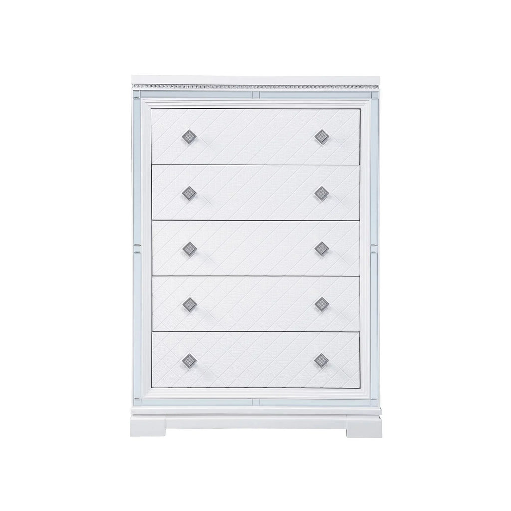 Benjara Axl 52 Inch 5 Drawer Tall Dresser, Mirror Trim, Crystal Accent, White Wood