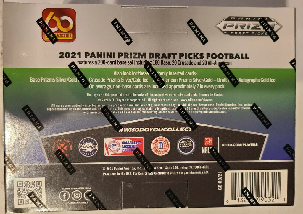 2021 Panini Prizm Draft Picks Football MEGA Box (12 pks/bx, ONE Gold Ice Prizm Autograph card/bx)