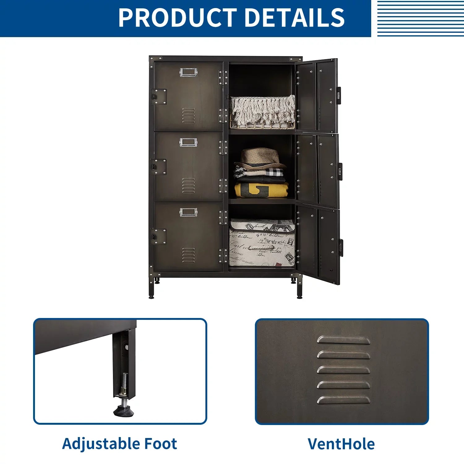 STANI Metal Locker 47.3" Steel Storage Cabinet with 2 Shelf ,Office School Gym Bedroom Metal Storage Locker Cabinets Employees Students Steel Locker